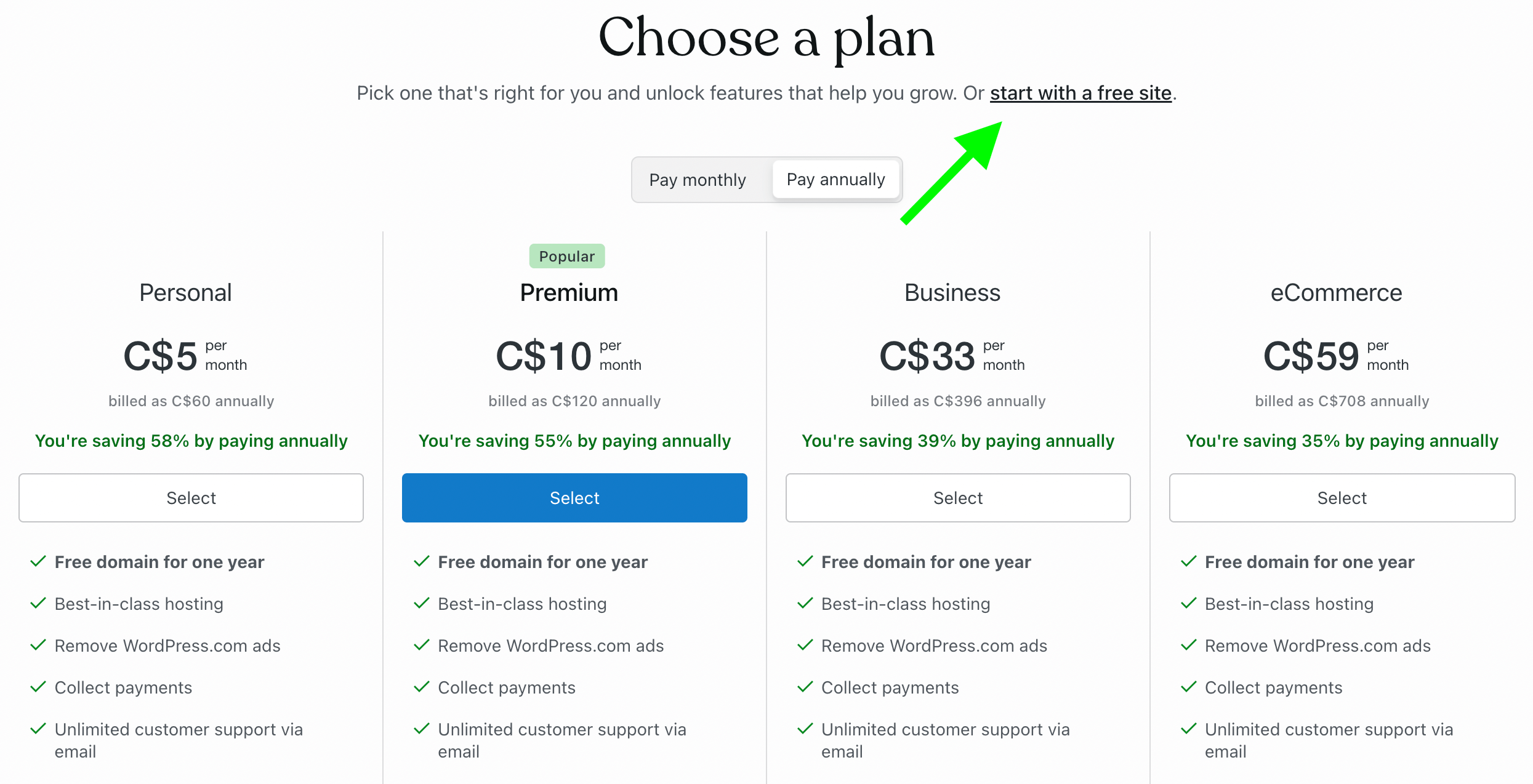 Choose the free plan