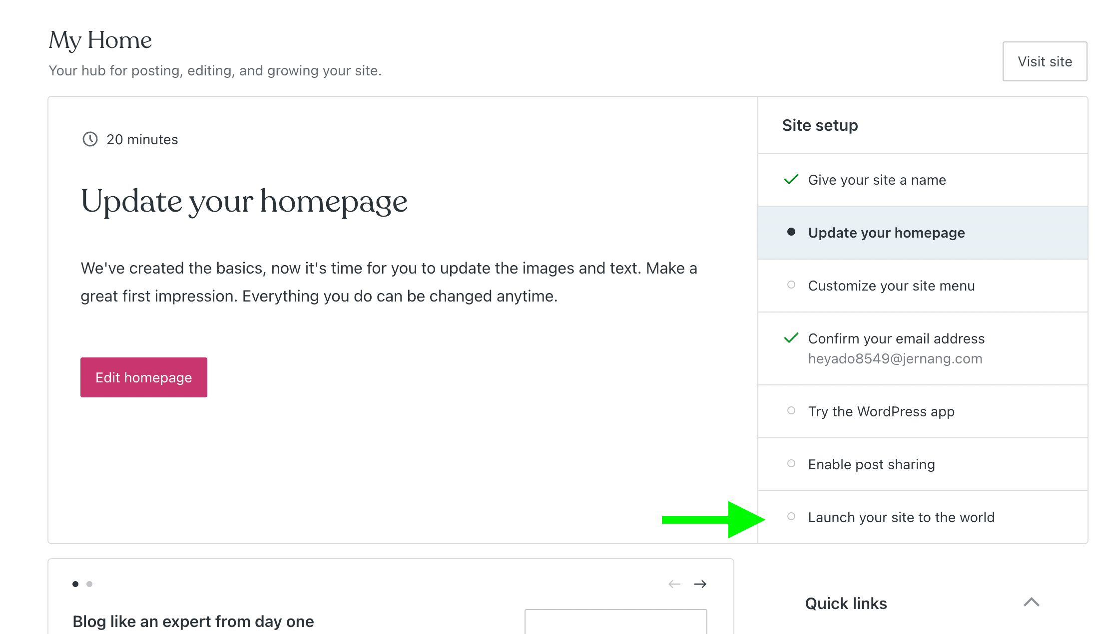 Launch your site from the dashboard menu